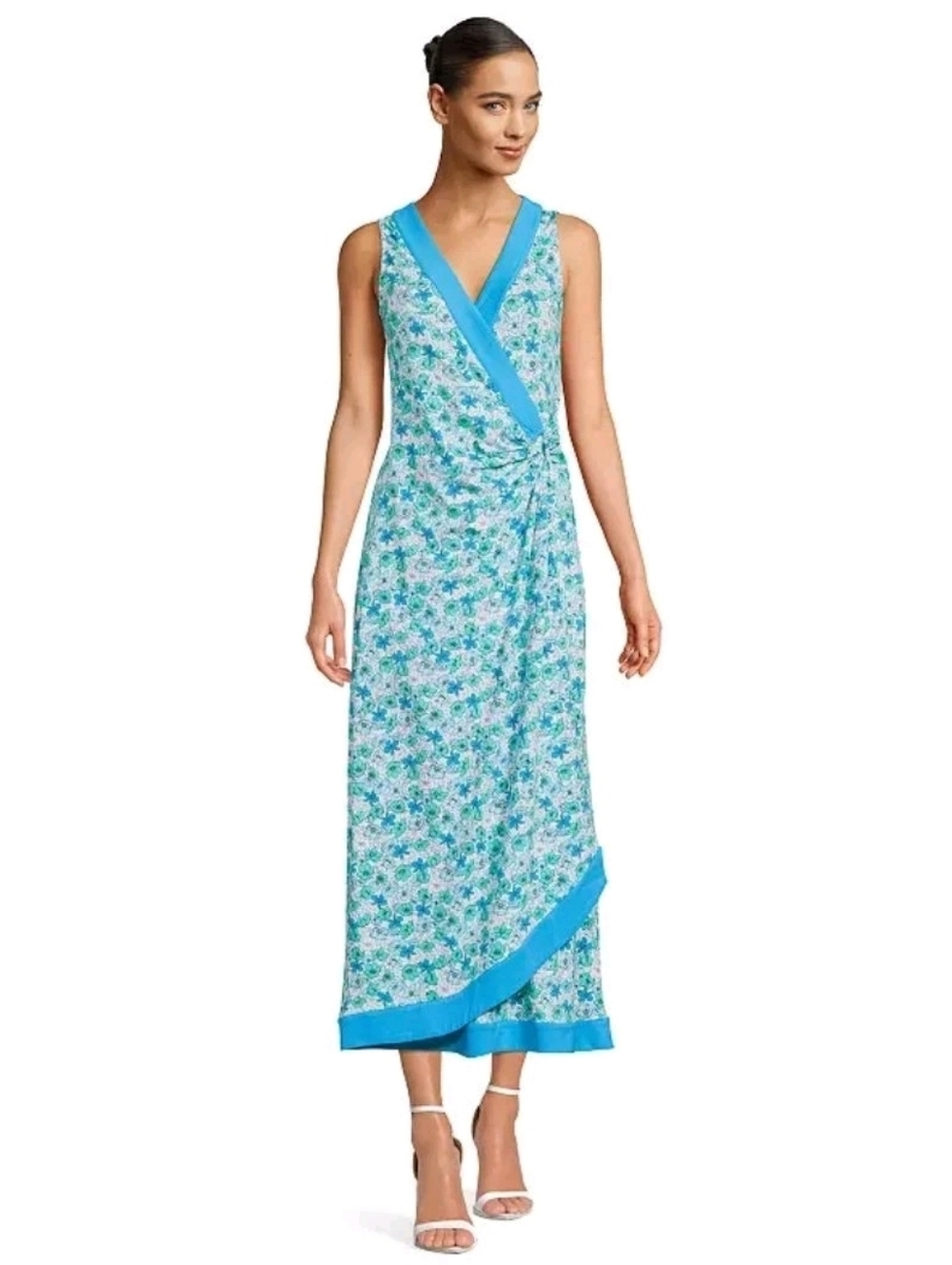 Lands' End Cotton Modal  Blend Floral  Faux  Wrap Surplice Sleeveless Maxi Dress